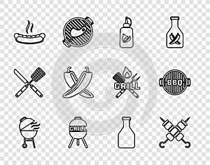 Set line Barbecue grill, Grilled shish kebab, Ketchup bottle, Hotdog sandwich, Crossed hot chili pepper pod, and icon