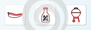 Set line Barbecue grill, Hot chili pepper pod and Ketchup bottle icon. Vector