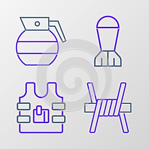 Set line Barbed wire, Bulletproof vest, Aviation bomb and Hand grenade icon. Vector