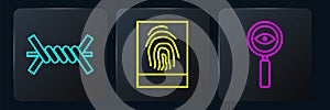 Set line Barbed wire, Magnifying glass Search and Fingerprint. Black square button. Vector