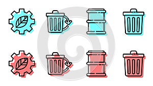 Set line Barrel, Leaf plant in gear machine, Recycle bin with recycle and Trash can icon. Vector