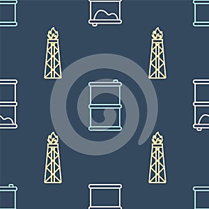 Set line Barrel oil leak, Oil rig with fire and Barrel oil on seamless pattern. Vector