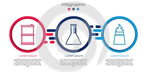 Set line Barrel oil, Oil petrol test tube and Oil rig with fire. Business infographic template. Vector