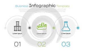 Set line Barrel oil, Oil tanker ship and Oil petrol test tube. Business infographic template. Vector