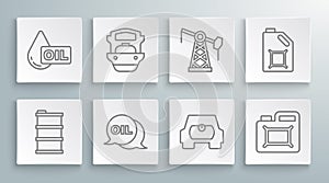 Set line Barrel oil, Oil tanker ship, Word, Gas for vehicle, Canister motor, pump pump jack, and drop icon. Vector