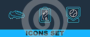 Set line Baseball base, boot and Planning strategy icon. Vector