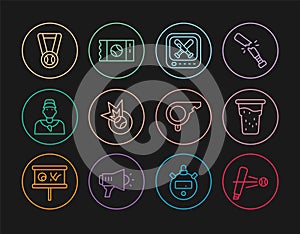 Set line Baseball bat with ball, Glass of beer, Monitor baseball game, coach, Medal, Whistle and ticket icon. Vector