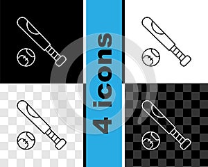 Set line Baseball bat with ball icon isolated on black and white, transparent background. Vector