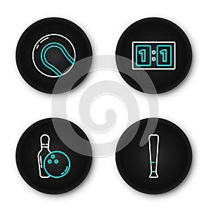 Set line Baseball bat, Bowling pin and, Sport mechanical scoreboard and icon. Vector
