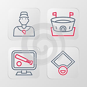 Set line Baseball field, Monitor with baseball game, arena and coach icon. Vector