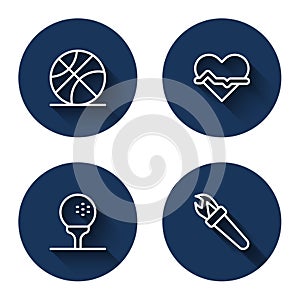 Set line Basketball ball, Heart rate, Golf on tee and Torch flame with long shadow. Blue circle button. Vector