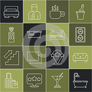 Set line Bathtub with shower, Sofa, Lift, Coffee cup, Remote control, Hotel room bed and Signboard text icon. Vector