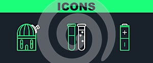 Set line Battery, Astronomical observatory and Test tube and flask chemical laboratory icon. Vector