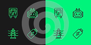 Set line Battery charge, Electric tower line, Electrical panel and Tee plug electric icon. Vector