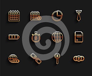 Set line Battery charge level indicator with earth globe, Chain link, Calendar, Magnifying glass and dollar symbol, Coin