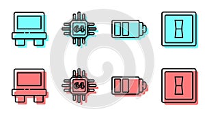 Set line Battery charge level indicator, Fuse, Processor with microcircuits CPU and Electric light switch icon. Vector