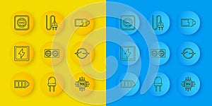 Set line Battery charge level indicator, Lightning bolt, Electrical outlet, Processor with microcircuits CPU, scheme