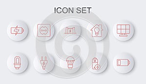 Set line Battery, LED light bulb, Hydroelectric dam, Electrical outlet, plug and icon. Vector