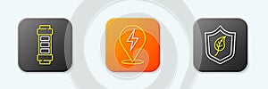 Set line Battery, Lightning bolt and Shield with leaf icon. Vector