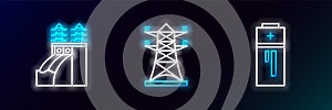 Set line Battery, Nuclear power plant and High voltage pole line icon. Glowing neon. Vector