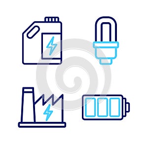 Set line Battery, Nuclear power plant, LED light bulb and Eco fuel canister icon. Vector