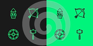 Set line Battle hammer, Round shield, Castle tower and Medieval bow and arrow icon. Vector