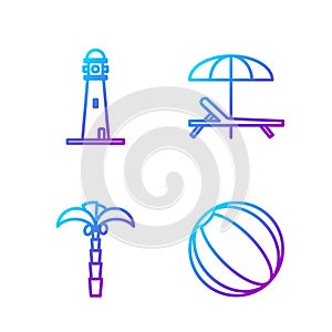 Set line Beach ball, Tropical palm tree, Lighthouse and Sunbed and umbrella. Gradient color icons. Vector