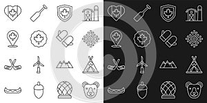 Set line Bear head, Indian teepee or wigwam, Snowflake, Canada flag on shield, Canadian maple leaf, Heart shaped and