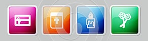 Set line Beat dead in monitor, Holy bible book, Burning candle and Flower. Colorful square button. Vector