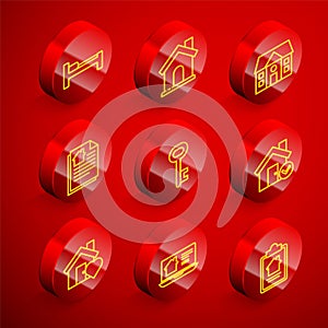 Set line Bed, House, contract, key, with check mark, heart shape and Online real estate house icon. Vector
