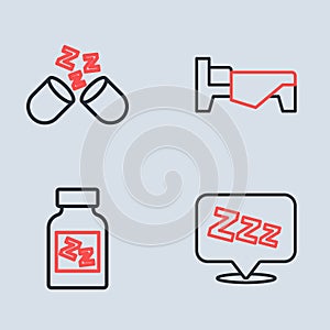 Set line Bed, Sleeping pill, Sleepy and icon. Vector