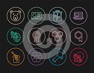 Set line Bee and honeycomb, Honeycomb, medal, Hive for bees, Bear head, and online service icon. Vector