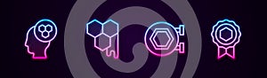 Set line Beekeeper, Honeycomb, Hanging sign with honeycomb and medal. Glowing neon icon. Vector