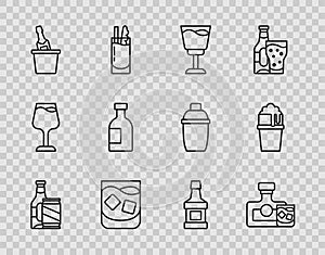 Set line Beer bottle and beer can, Whiskey glass, Wine, Glass of whiskey, Champagne ice bucket, vodka, and icon. Vector