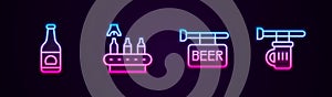 Set line Beer bottle, Conveyor band, beer, Street signboard with and Signboard glass of. Glowing neon icon. Vector