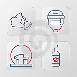 Set line Beer bottle, Montreal Biosphere, Hockey helmet and Canada map icon. Vector