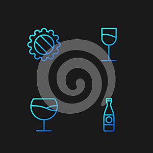 Set line Beer bottle, Wine glass, Bottle cap and . Gradient color icons. Vector