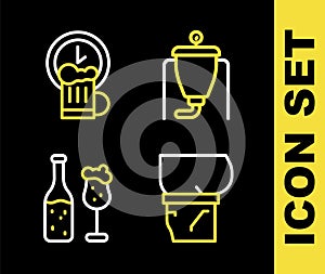 Set line Beer brewing process, belly, bottle and glass and Happy hour icon. Vector