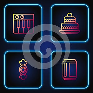 Set line Beer can, Candy, Music synthesizer and Cake. Gradient color icons. Vector
