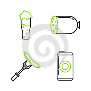 Set line Beer can, Sausage on the fork, Salami sausage and Glass of beer icon. Vector