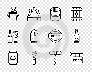 Set line Beer can, Street signboard with, Metal beer keg, Bottle opener, bottles in ice bucket, foam, Wine corkscrew and