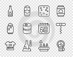 Set line Beer T-shirt, Happy hour, bubbles, Cold beer bottle, Metal keg, Conveyor band, and Wine corkscrew icon. Vector