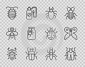Set line Beetle deer, bug, Stink, Larva insect, Spider jar, Ant and Butterfly icon. Vector
