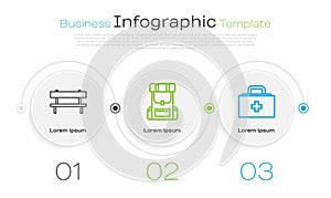 Set line Bench, Hiking backpack and First aid kit. Business infographic template. Vector