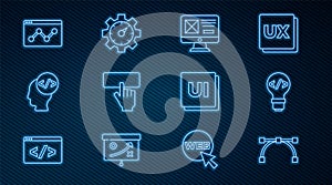 Set line Bezier curve, Front end development, UI or UX design, Keyboard, Website statistic, and icon. Vector