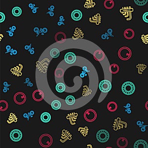 Set line Bicycle, ball bearing, Tool allen keys and wheel on seamless pattern. Vector