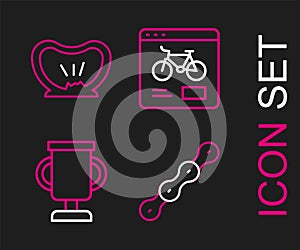 Set line Bicycle chain, Award cup with bicycle, rental mobile app and punctured tire icon. Vector