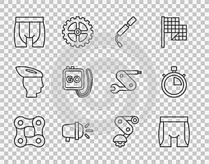 Set line Bicycle chain, Cycling shorts, air pump, head lamp, Stopwatch, Derailleur bicycle rear and icon. Vector