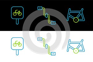 Set line Bicycle frame, parking and pedals icon. Vector