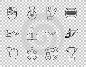 Set line Bicycle helmet, Award cup with bicycle, Gloves, Stopwatch, seat, chain and frame icon. Vector